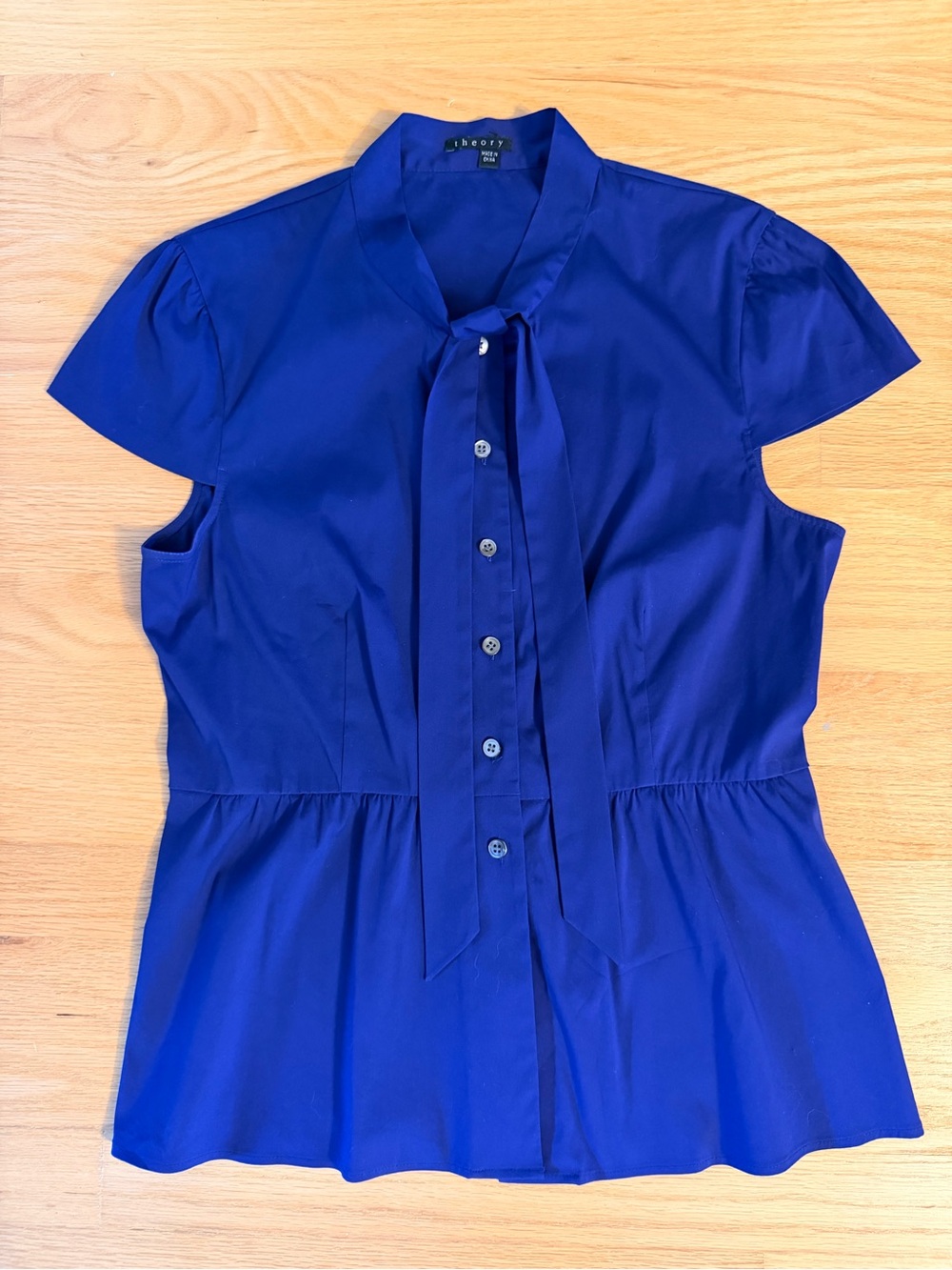 Theory Women's Royal Blue Tie-Neck Cap Sleeve Peplum Top, Size M